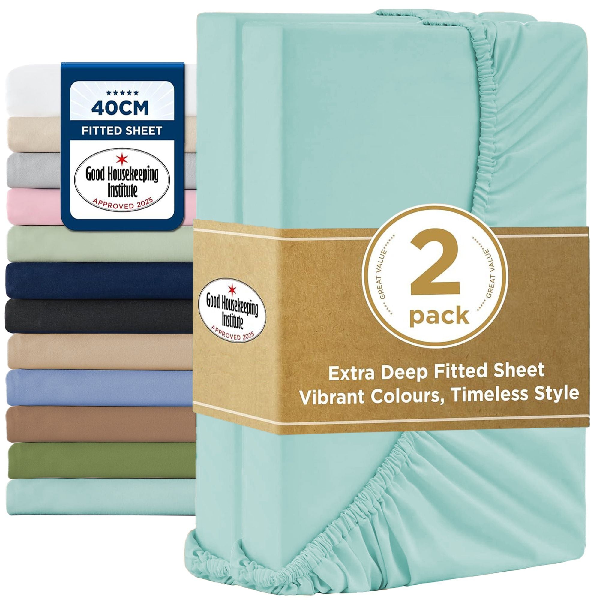 2000TC Hotel Quality Fitted Sheets - 2 Piece Fitted Sheets -Breathable Bedding - Wrinkle, Fade, Stain Resistant- 16inch/40cm Deep Pocket Fitted Bed Sheets-Wrinkle and Fade Resistant,(Ice blue,Queen)